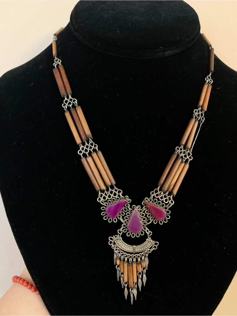 Boho Purple Teardrop Pendant Necklace with Wood Beads